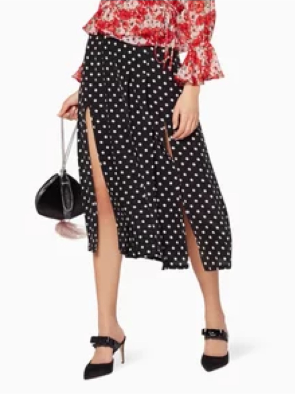 Rixo Georgia Midi Skirt in  Pearl Spot Mono Black & White Polkadot Medium - Picture 2 of 9